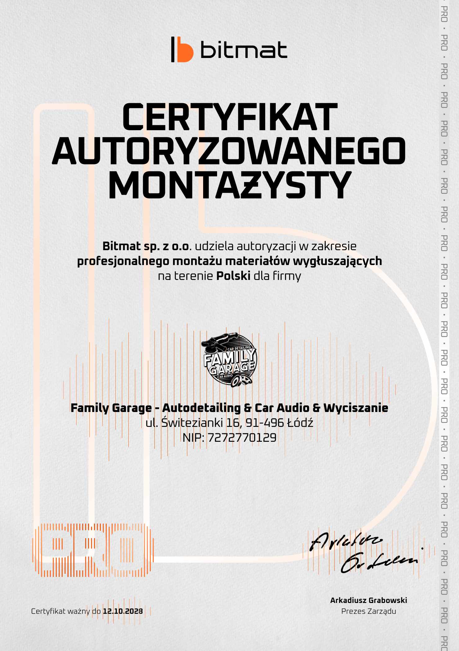 Certyfikat montażysty family garage łódź